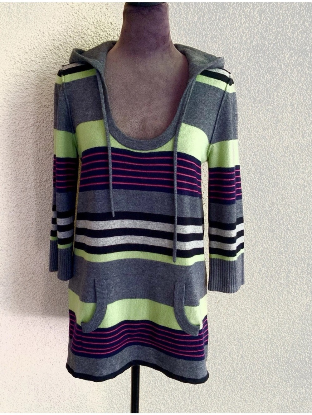 Juicy Couture Wool Cashmere Blend Striped Hoodie Tunic Sweater Dress Size L